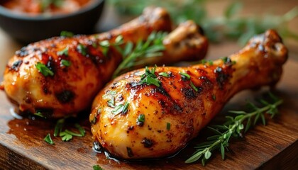 close-up of glazed grilled chicken drumsticks with charred skin, glistening sauce, fresh rosemary and parsley on a rustic wooden board, mouthwatering and savory