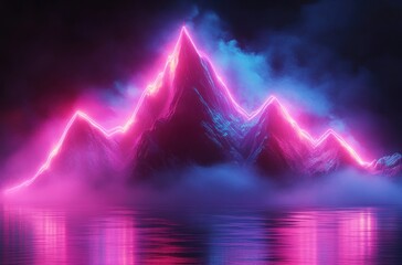 neon-outlined mountain peaks glowing pink and blue above a misty reflective lake, surreal futuristic and mysterious night landscape