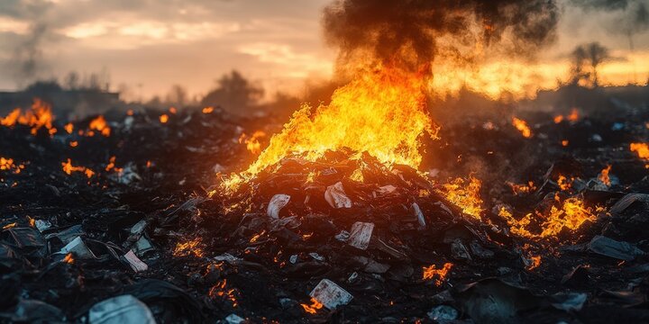 smoldering mountain of burning trash and plastic at a landfill under an orange sunset, flames and thick smoke create a bleak, alarming scene