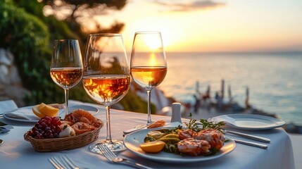Elegant seaside sunset dinner with three glasses of rosé wine, plates of shrimp and greens, fruit basket with grapes and lemon on a white tablecloth, romantic serene mood