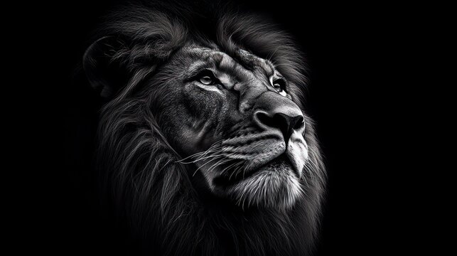 regal male lion portrait with lush mane and whiskers on black background, dramatic monochrome lighting and a stoic contemplative gaze