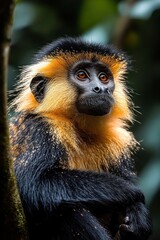 Obraz premium golden furred monkey perched on a tree trunk with black body and vibrant orange mane, looking upward with a calm, contemplative expression