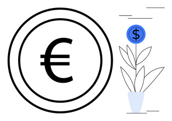 Large euro coin next to a potted plant with a dollar sign flower, symbolizing financial growth. Ideal for investment, global economy, currency exchange, savings, wealth, finance, simple flat metaphor