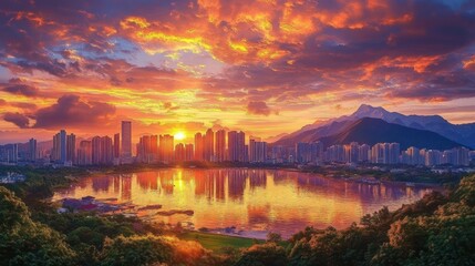 Golden sunset over a lakeside city skyline with reflective water, lush green foreground trees and distant mountains beneath dramatic colorful clouds, evoking awe and serenity