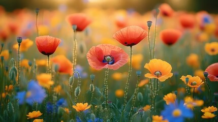 Obraz premium red and yellow poppies with blue wildflowers in a sunlit meadow, soft golden light and a dreamy peaceful atmosphere