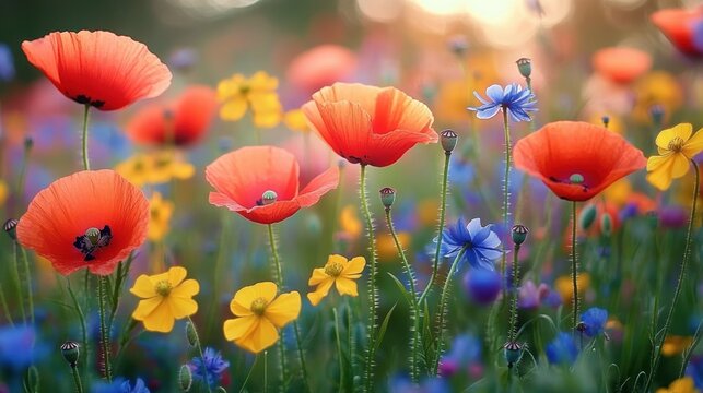 sunlit wildflower meadow with red poppies, blue cornflowers and yellow blooms on slender green stems, a dreamy peaceful and joyful summer scene