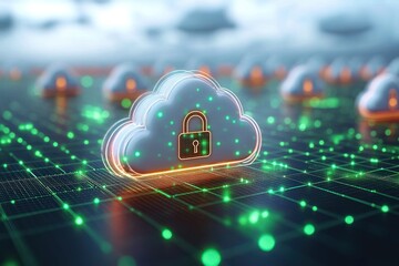 glowing cloud icons with a padlock on a neon green digital grid, scattered network nodes and blurred distant clouds conveying secure futuristic protection and connectivity