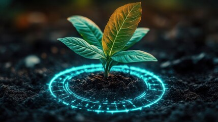 Young green seedling with vibrant leaves emerging from dark soil surrounded by a glowing cyan holographic circular interface, evoking hopeful futuristic nurturing