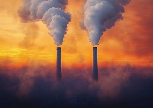 two industrial smokestacks releasing thick plumes of smoke into an orange sunset sky above a hazy power plant, creating an ominous and dramatic polluted atmosphere