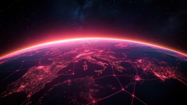 neon pink glowing earth from space showing europe at night with illuminated cities, interconnected network lines, stars and a vibrant futuristic horizon, awe-inspiring mood