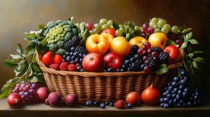 Abundant wicker basket overflowing with ripe apples, pears, peaches, grapes, berries and a head of broccoli on a rustic table, warm inviting harvest mood
