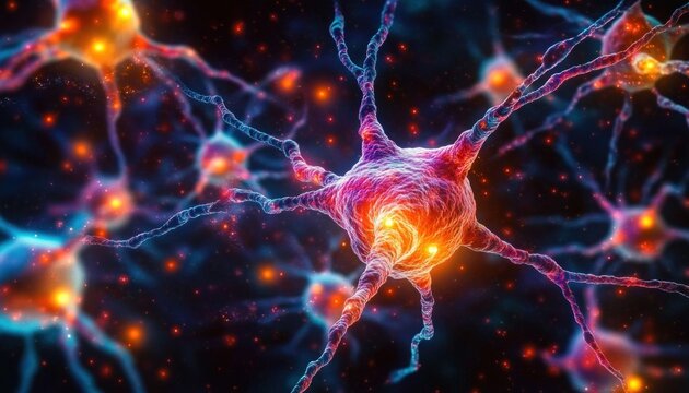 Glowing neuron with branching dendrites and active synapses, vibrant blue and orange electric sparks conveying dynamic energy and awe