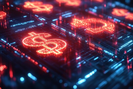 Glowing red dollar symbols on a neon circuit board with blue lights, creating a high-energy futuristic technological finance atmosphere - Powered by Adobe