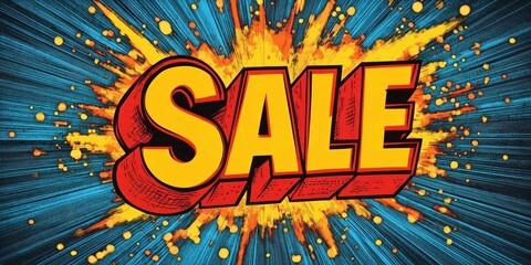 Bold comic book sale lettering bursting with explosive yellow and orange splatter against a dynamic blue radial background, energetic and attention-grabbing