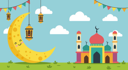 Ramadan Mubarak Crescent Moon and Mosque Illustration for Islamic Celebrations
