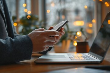 hands holding smartphone over open laptop on wooden desk with warm bokeh lights, potted plants and coffee mug conveying a cozy focused work mood