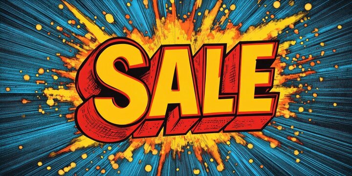 Bold comic book sale lettering bursting with explosive yellow and orange splatter against a dynamic blue radial background, energetic and attention-grabbing