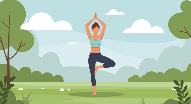 A serene flat illustration of a woman gracefully practicing a yoga tree pose outdoors in a peaceful park. This artwork embodies balance, mindfulness, and a healthy lifestyle