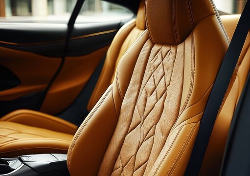 Close-up of luxurious tan leather car seats with diamond quilting, detailed stitching, visible seatbelt and sleek center console conveying comfort and elegance