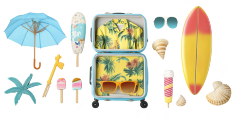 A summer travel scene featuring a blue suitcase filled with tropical attire. sunglasses. and beach accessories. surrounded by colorful ice creams. seashells. and a surfboard. evoking a fun vacation vi