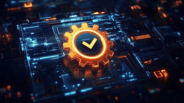 Glowing orange gear with check mark atop a blue illuminated circuit board conveying assurance, precision and futuristic technological reliability - Powered by Adobe