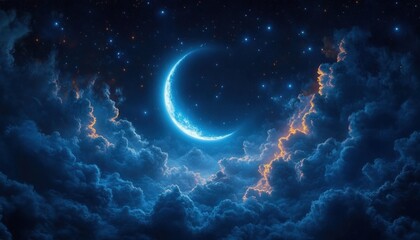 Fototapeta premium Radiant crescent moon rising through luminous clouds under a star-filled night sky, serene and mystical atmosphere