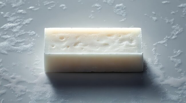 Rectangular white soap bar on wet surface with scattered foam and soft shadow, evoking a clean fresh minimalist calm