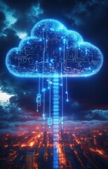 Giant glowing digital cloud with intricate circuit patterns pours streams of blue light into a fiery city beneath a stormy sky, evoking ominous futuristic awe