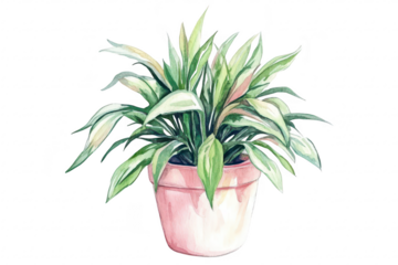 A watercolor illustration of a lush green potted plant. its intricate leaves and soft pink pot. perfect for home decor or botanical art prints