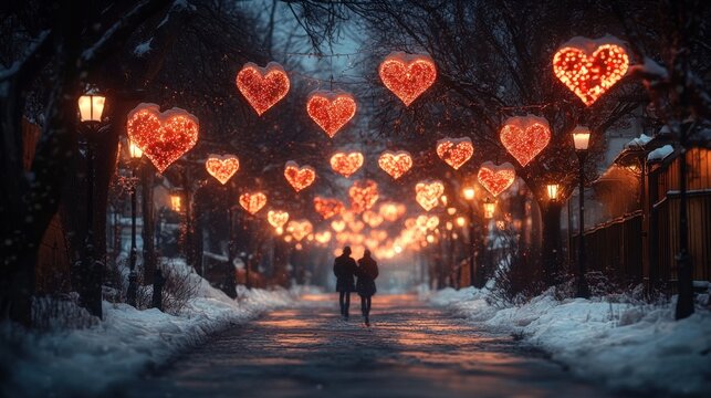 Couple walking hand in hand under glowing heart-shaped lights strung between bare trees along a snowy lantern-lit avenue, warm romantic and magical winter evening