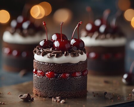 decadent mini layered chocolate cakes topped with glossy cherries, cherry filling, whipped cream and chocolate shavings on a dark surface with warm bokeh lights, cozy indulgence