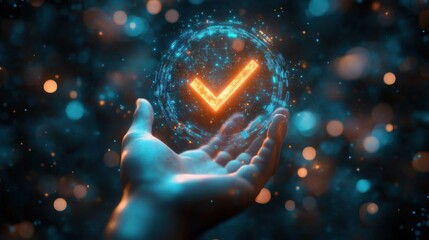 Outstretched hand holding a glowing orange checkmark inside a circular holographic interface amid teal blue bokeh lights, evoking approval, trust, and futuristic wonder
