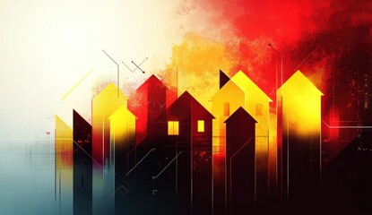 Abstract glowing row of geometric house silhouettes and tall vertical bars with arrows and circuit lines against a fiery red and yellow sky, evoking dynamic urban growth and intensity