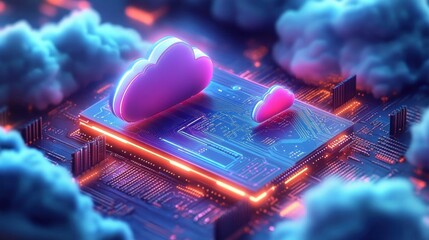 neon glowing cloud icons on a luminous circuit board chip surrounded by soft clouds, conveying futuristic digital connectivity and energetic optimism