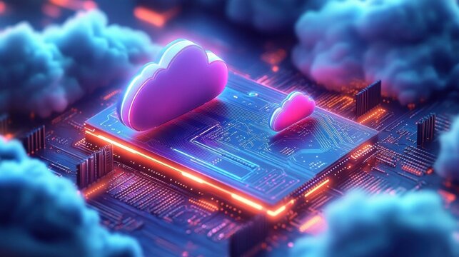 neon glowing cloud icons on a luminous circuit board chip surrounded by soft clouds, conveying futuristic digital connectivity and energetic optimism