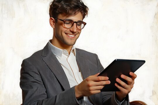 young man in gray suit and white shirt seated holding a tablet, focused and engaged with a contemplative professional expression against a neutral background - Powered by Adobe
