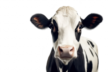 A close-up portrait of a black and white dairy cow against a clean white background. its expressive features and calm demeanor. ideal for agricultural or animal-related content