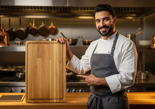 A friendly professional chef presents a large, blank wooden cutting board in a commercial kitchen. Ideal for adding your text or menu. - Powered by Adobe