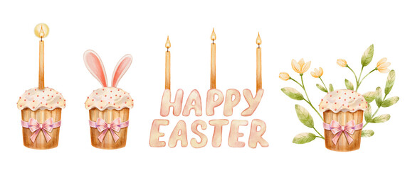 Watercolor Easter Cupcakes with Candles and Floral Decorations