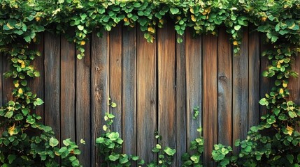 weathered wooden fence framed by climbing green ivy and leaves, a serene natural backyard scene