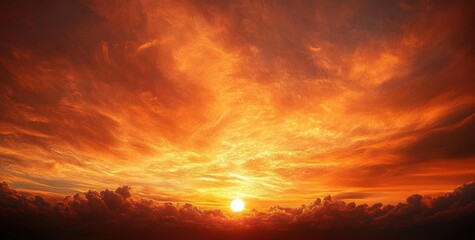 Glowing sun at the horizon beneath billowing dark clouds and a vast fiery orange sky, dramatic and majestic with warm serene emotion