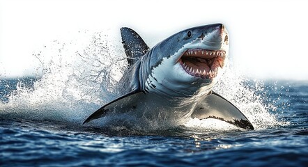 Obraz premium powerful great white shark breaching the ocean with mouth wide open, rows of sharp teeth bared and water spraying around in a dramatic ferocious leap