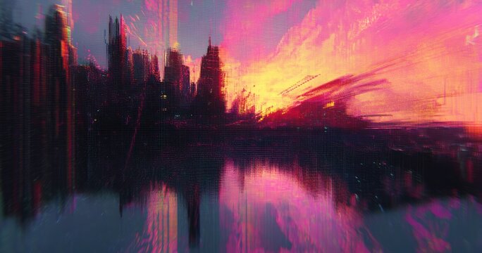 Dramatic neon sunset over a distorted city skyline reflected in water with vivid pink and orange light streaks and a surreal futuristic atmosphere