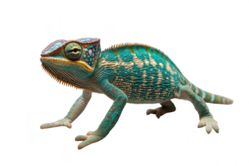A vibrant. intricately detailed chameleon-like creature with striking turquoise and green patterns. positioned on a clean white background. its unique anatomy and textures