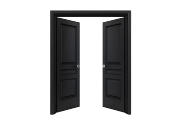 A pair of elegant black double doors slightly ajar. inviting exploration. set against a clean white background. symbolizing opportunity and new beginnings