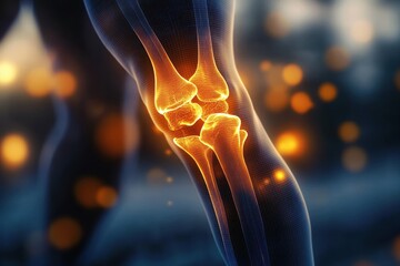 Glowing anatomical knee joint in wireframe and bone visualization with warm orange highlights and floating light particles conveying pain and diagnostic focus