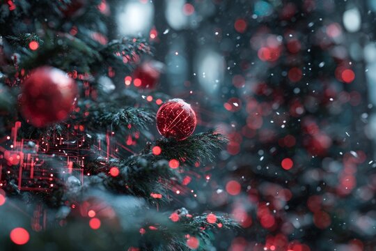 Festive elegance: holiday ornaments in a winter wonderland. Human technology. Traditional holiday scene: red ornaments and fir in winter’s embrace. Ai concept. Human partnership.