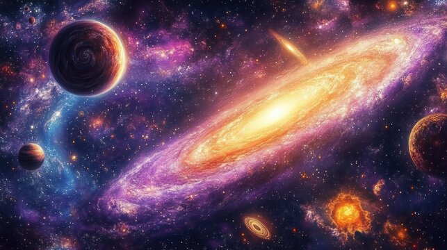 vibrant spiral galaxy with glowing golden core surrounded by multiple planets, colorful nebula clouds and sparkling stars, evoking awe and cosmic wonder