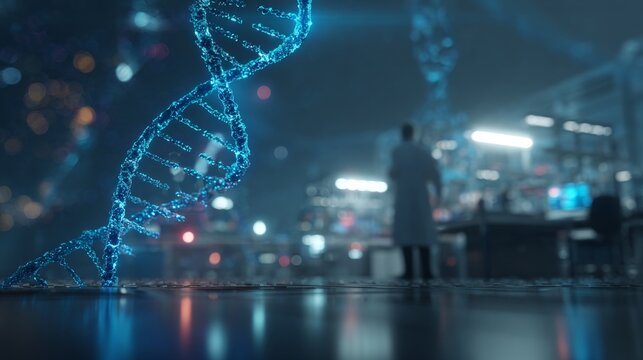 Innovative genetic research at the cutting-edge laboratory. Robotic identity. Genetics specialist delving deep into digital dna sequences in a high-tech lab. Digital consciousness. Cyber mindset.