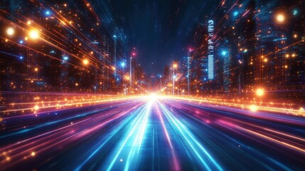 futuristic neon city skyline with streaking blue, magenta and orange light trails converging on a bright vanishing point, glowing particles and intense sense of speed and exhilaration